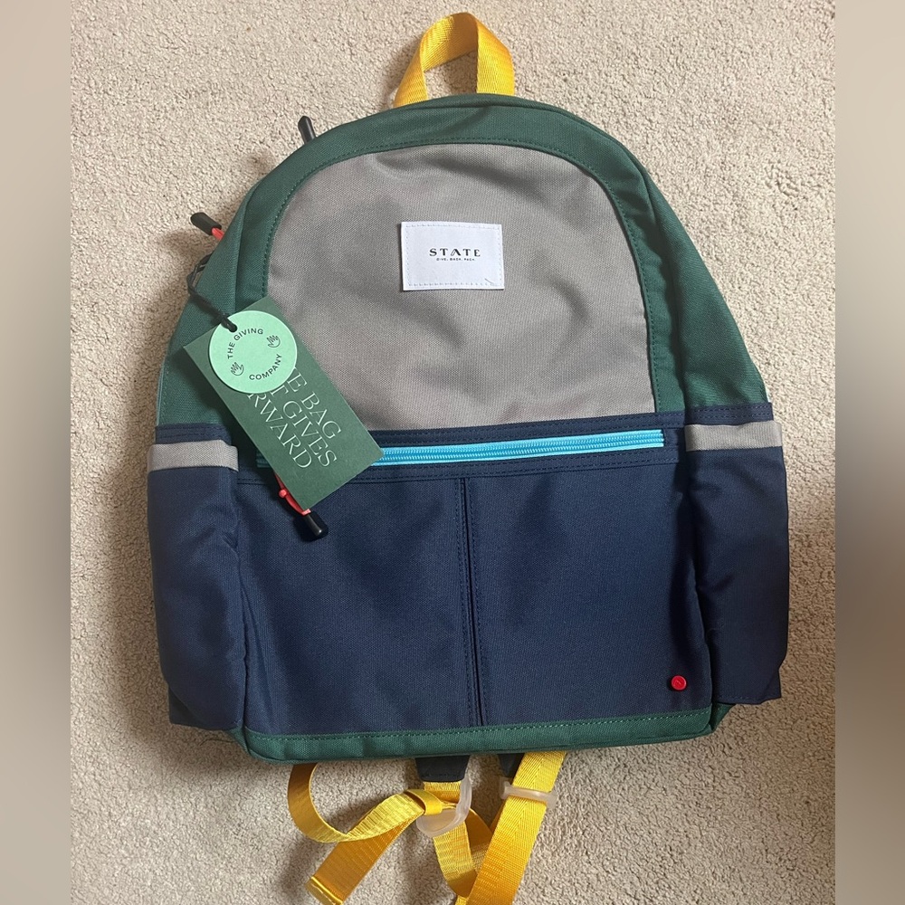NWT STATE BAGS Kane Kids Backpack Boy Navy Green Multicolor